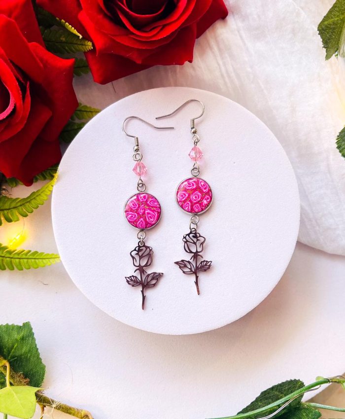 boucles-d-oreille-acier-inoxydable-artisanaux-polymere-fleurs-rose-huguette-rose-passionnee